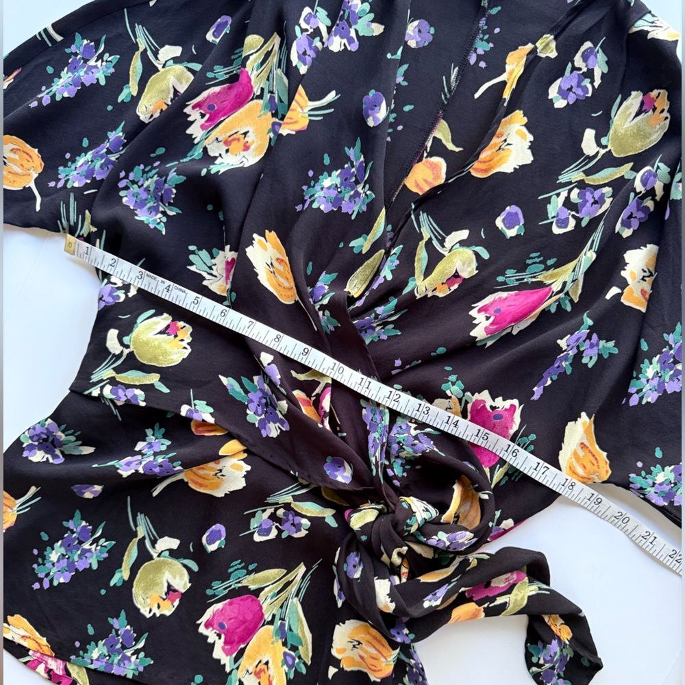 Vintage Rodier Floral Wrap Long Sleeve Black Multicolor Print Top 46 FR US L - Picture 13 of 13